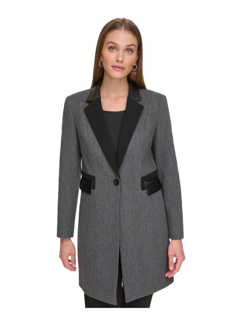 DKNY Womens Notched-Collar Mixed-Media Topper Jacket Charcoal Black 16